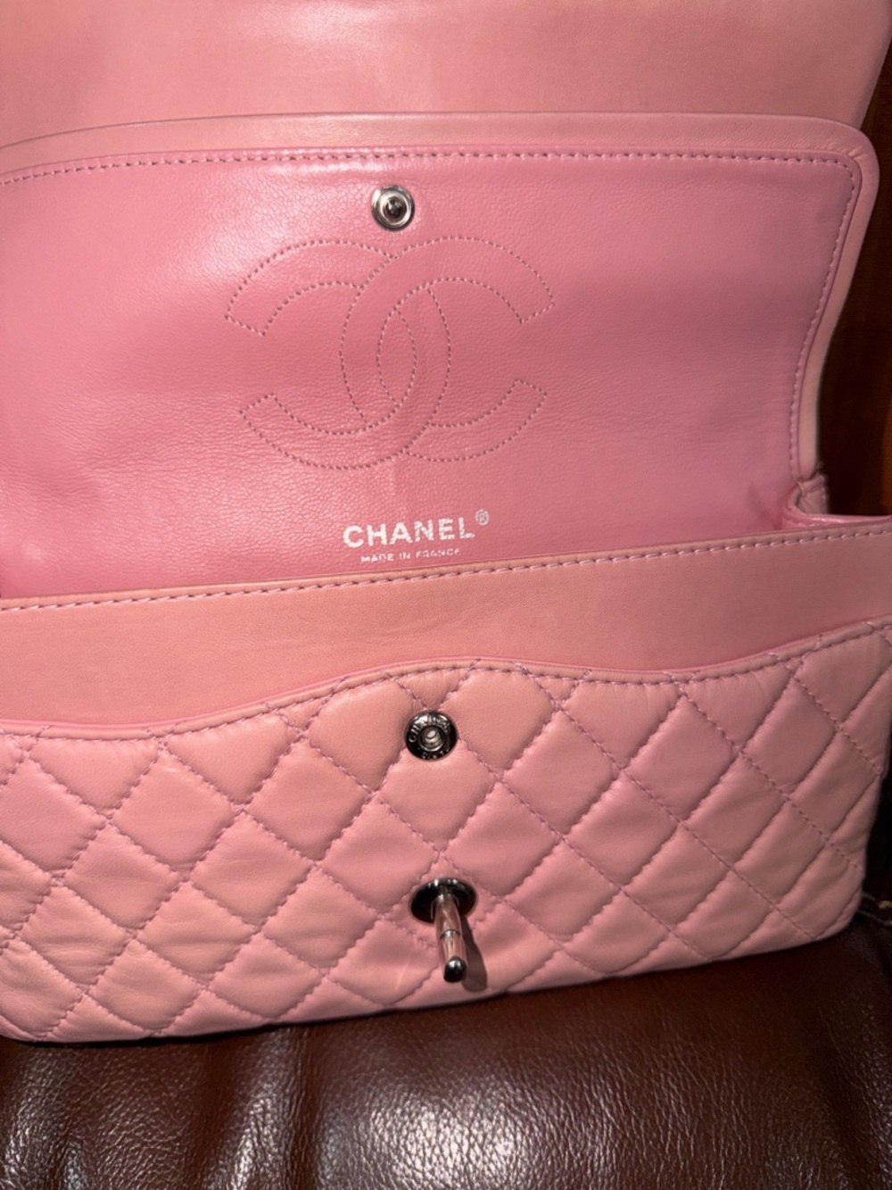 ‼️Authentic Chanel Pink Lambskin Leather Medium Classic Flap Shoulder Bag - Picture 11 of 16